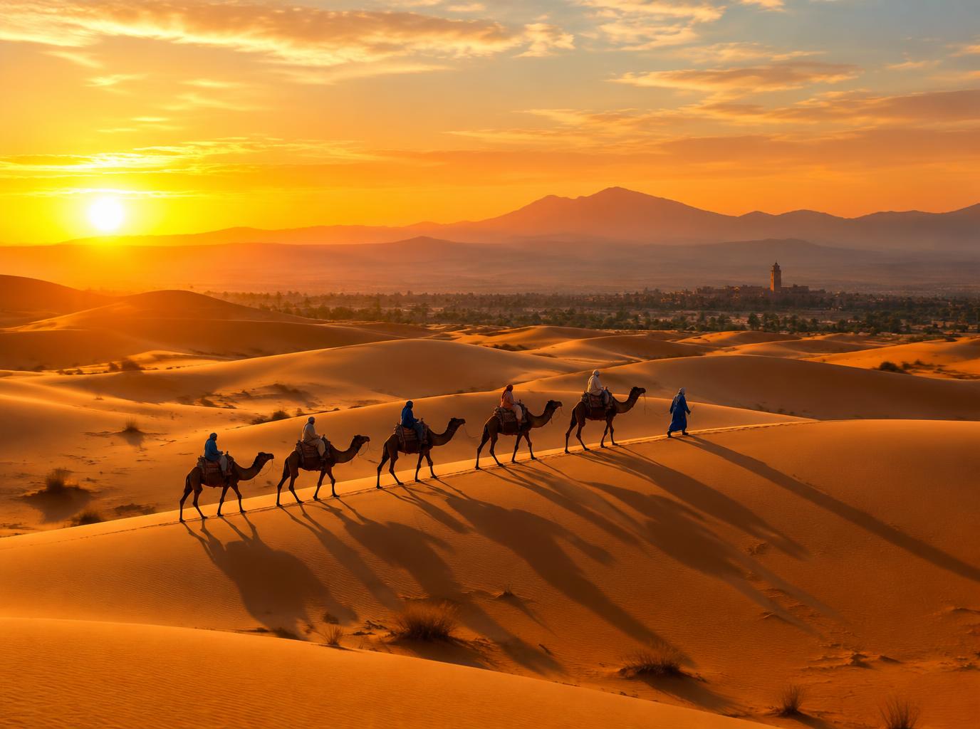 Camel caravan at sunrise