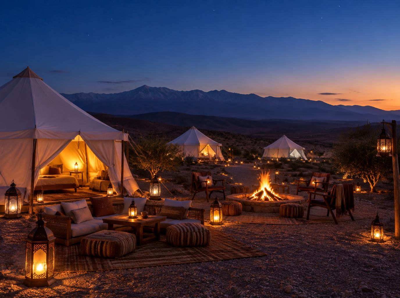 Desert glamping camp at dusk